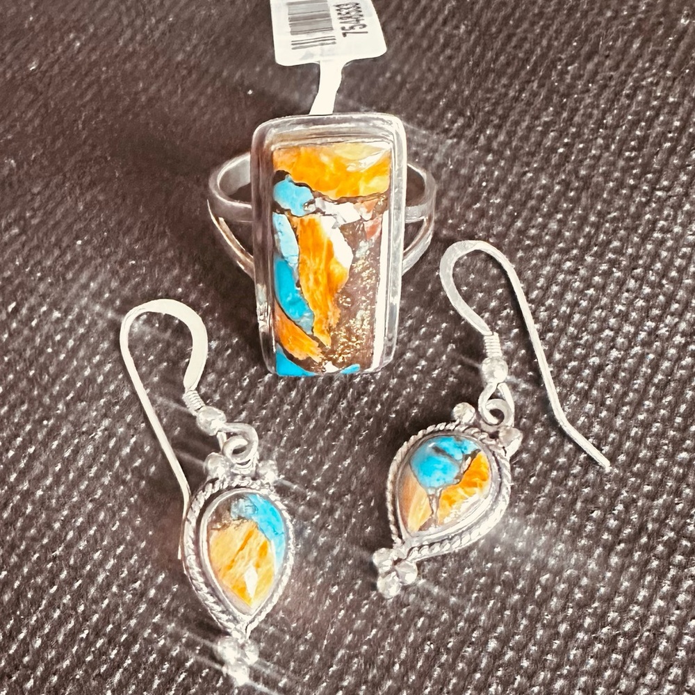 Kingman Turquoise and Spiny Oyster Ring 8 and perfectly matching Earrings SS NWT - Picture 4 of 7